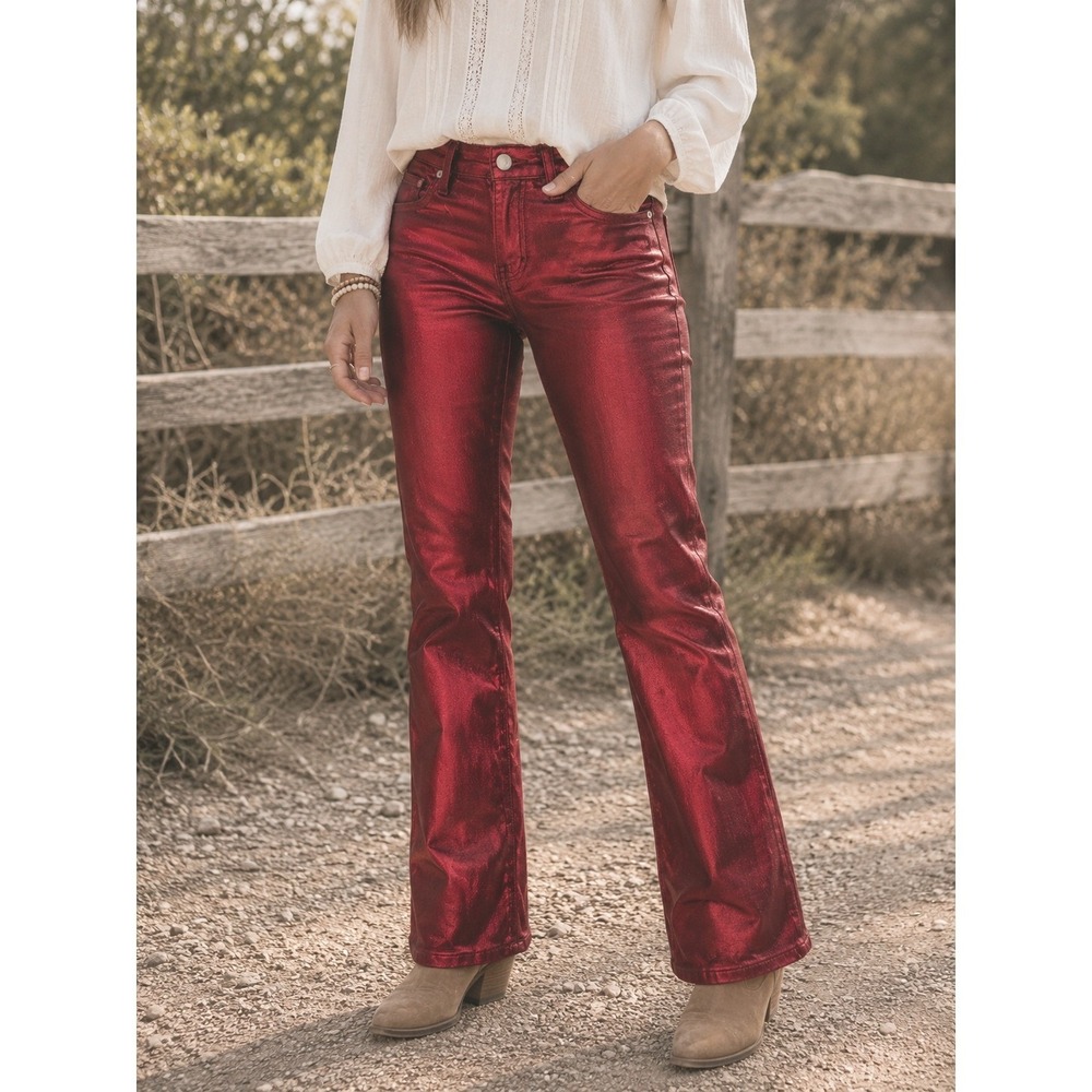 FRAME Le Crop Mini Boot Jeans Red Chrome Metallic Foil Coated  Size 25 Bootleg